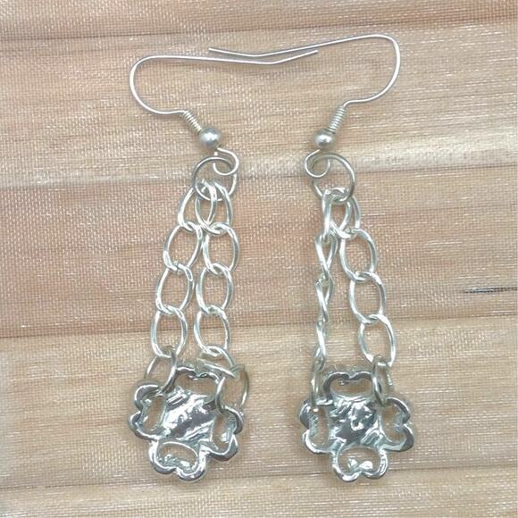 Chandelier Filigree Crystal Dangle Earrings AB Silver Tone Chain Maille Flower - Picture 7 of 12